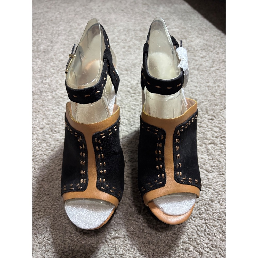 Sole‎ Society Daniella Black Luggage Suede Leather Whipstitch Wedge Sandals 6.5M